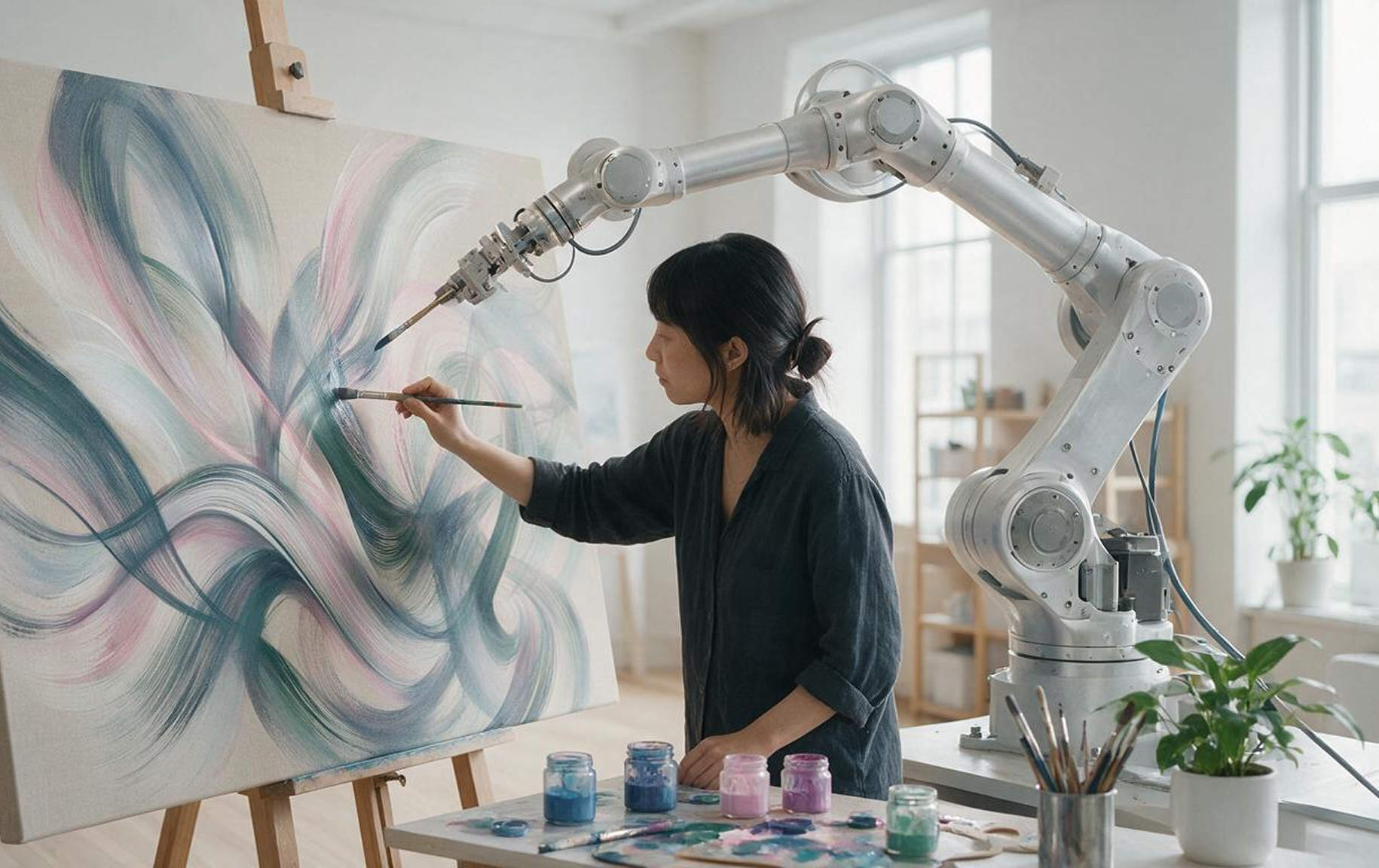 人与机器人一起绘画